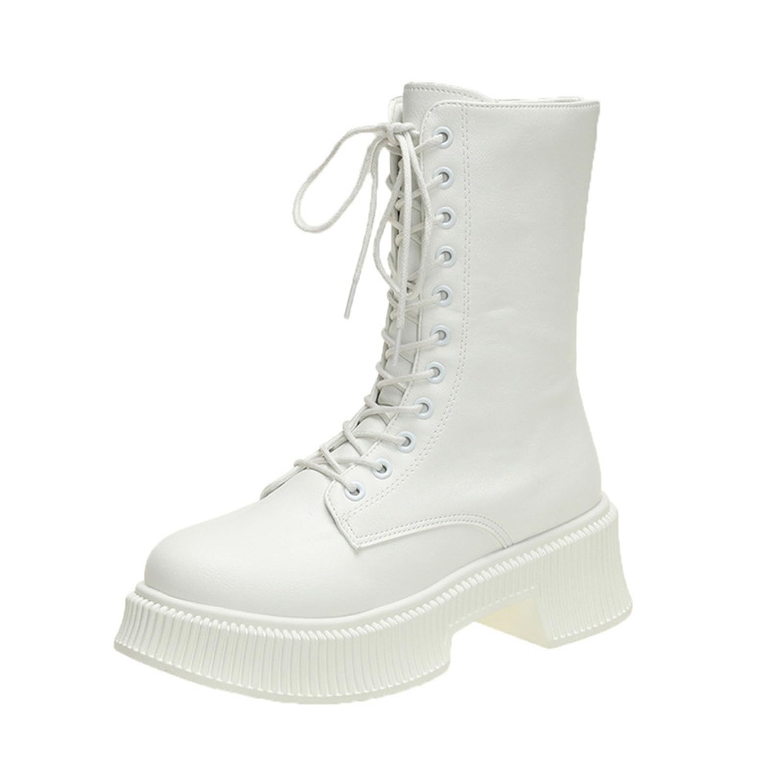 Womens Mid Calf Military Boots Leather Motorcycle Combat Shoes Round Toe Short Boot Shoes for Hiking Traveling Outdoor