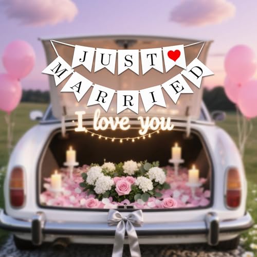 Rebvugr Just Married Car Decorations Wedding Sign Banner