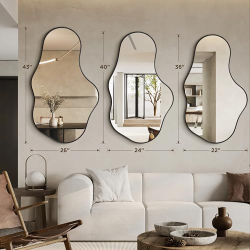 Image of Dorlicecass Irregular Wall Mirror - Wall Mirrors Decorative 22 inchx 36 inch Asymmetrical Abstract Mirror Aviation Aluminum Alloy Frame Unique for Bathroom, Bedroom, Living Room, Cloakroom, Entryway Black