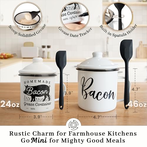 Image of Ayerphalo Bacon Grease Container with Strainer - With Food-Grade Silicone Spatula, 24oz Enamel Rustic Farmhouse Fat Container, Keeper, Recipes, Dishwasher Safe
