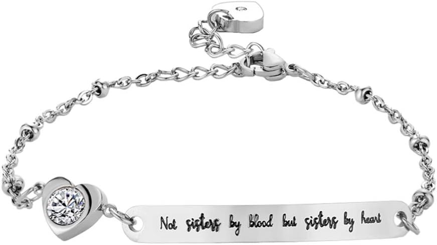 Friend Bracelets Not Sisters by Blood But Bracelet Inspirational Jewelry Mantra Cuff Bangle for Woman Sisters (Silver)