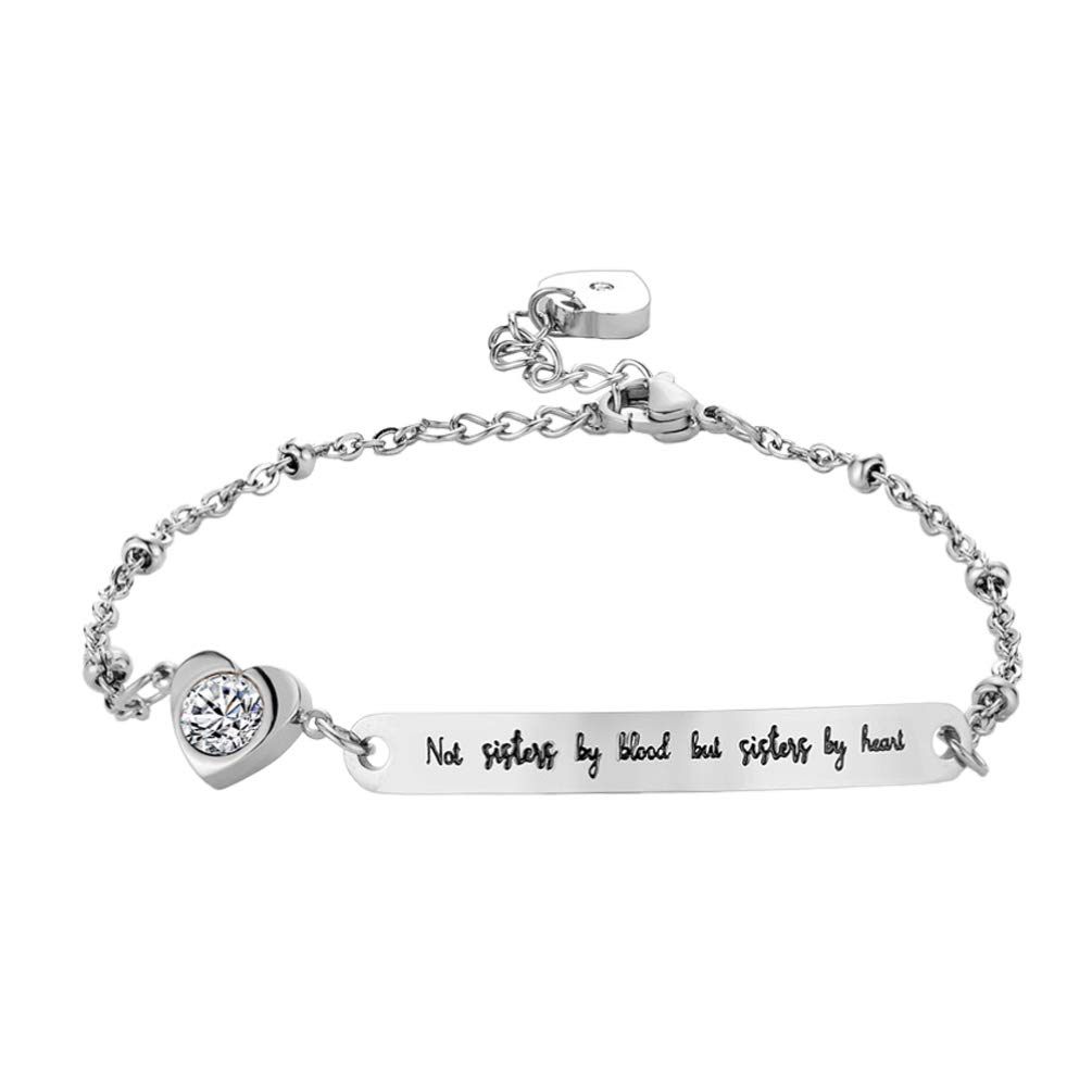 Friend Bracelets Not Sisters by Blood But Bracelet Inspirational Jewelry Mantra Cuff Bangle for Woman Sisters (Silver)