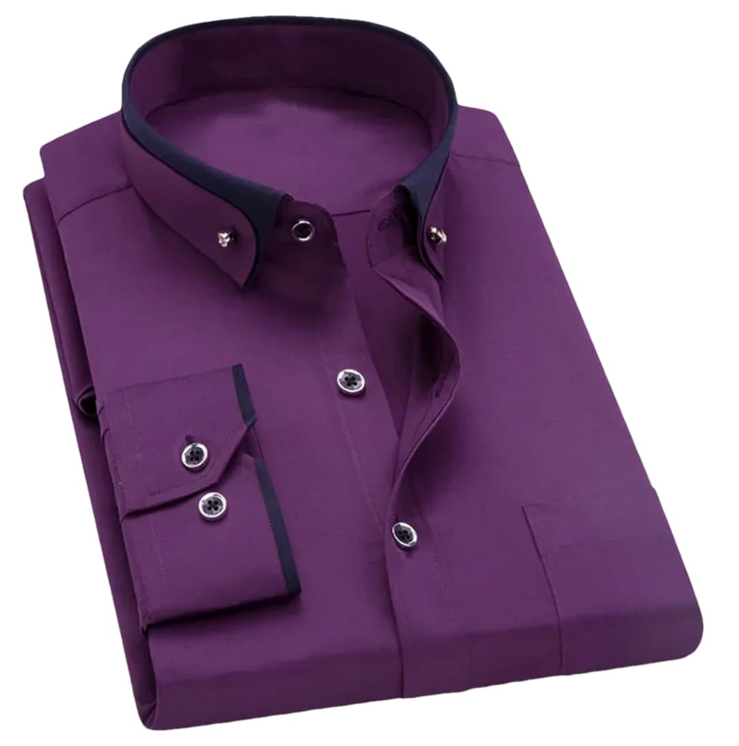 Pegsmio Men's Purple Business Dress Shirt Spring Autumn Formal Button Down Collar Dress Shirts
