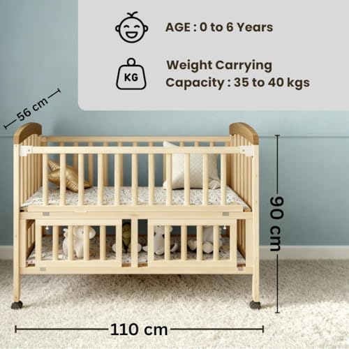 Image of FURNIFEST Wooden Baby Cot for 0 to 6 Years with Mattress and Diaper Chaging Station, Convertible Cradle Rocker with Wheels & Mosquito Net - Multifunctional Cot, Converts into Study Desk