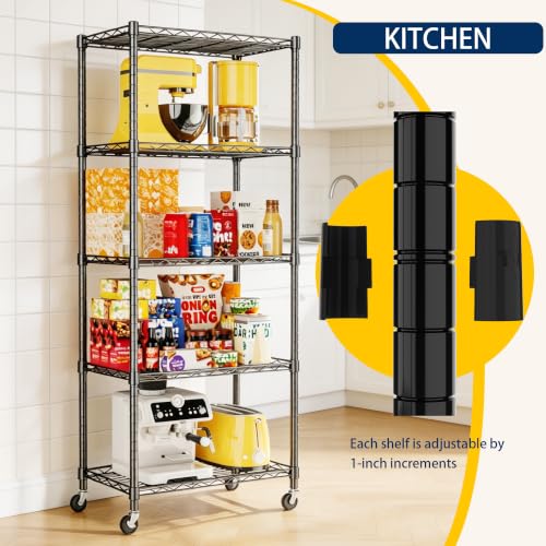 Image of REGILLER 5-Wire Shelving Metal Storage Rack Adjustable Shelves,Standing Storage Shelf Units for Laundry Bathroom Kitchen Pantry Closet(Black,11.8 inch D x 21.2 inch W x 55 inch H,With Wheels)