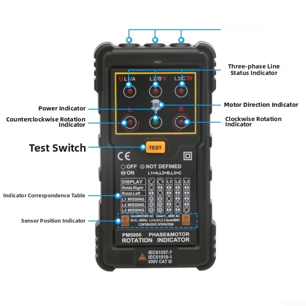 PEAKMETER PM5900 Berührungsloser Phasenfolger für 3-Phasen AC 120V-400V, Motor-Drehfeldprüfer mit R/L-Anzeige, für frequenz 2Hz-400Hz, Kompaktes Messgerät für Elektriker im Feld