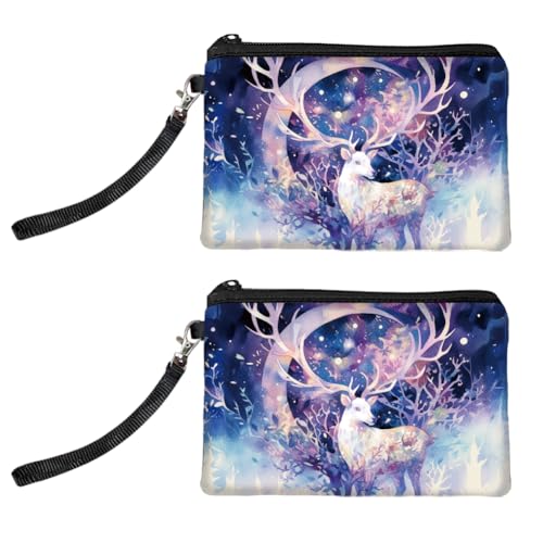 Peacoblue Original Designs Coin Purse for Women Girls Watercolor Style Deer 2 Packs Change Purse with Zipper, Durable and Soft Canvas Wallet Pouch for Travel, Gift