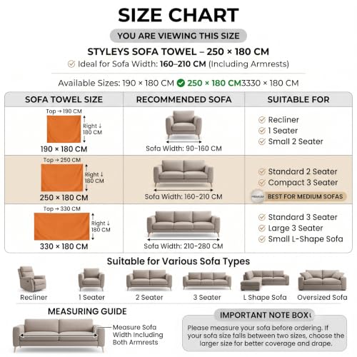 Image of Styleys Chenille Sofa Cover - Reversible Sofa Towel & Blanket | Soft, Anti-Slip, Washable Couch Protector for Living Room & Lounge - 2 Seater - 250X180cm, Black, XNESMSFJ-1B
