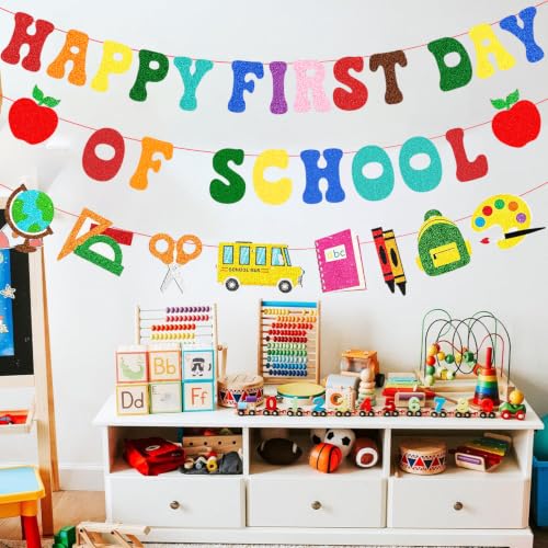 Image of Pre-Strung Happy First Day Of School Banner Decorations, Glitter Back To School Garland for Kindergarten Classroom Bulletin Home Office PreK Teacher Students Party Photo Backdrop Blackboard Decor