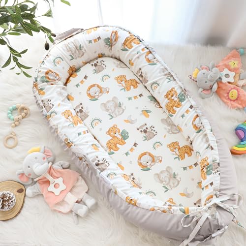 Image of Baby Lounger Cover for Boys Girls, Reversible Baby Nest Cover, Adjustable Baby Lounger Replaceable Cover for Infant Newborn, Portable and Machine Washable, Cotton Gray Elephant Cover Only