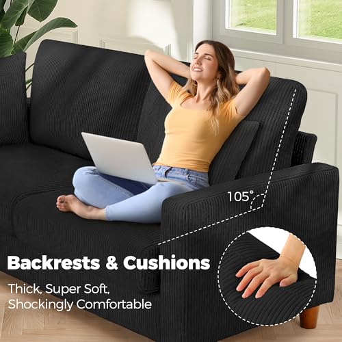 Image of 70in Corduroy Couch, Kidirect Sofa No Tool Assembly, Comfy Couches for Living Room 21in Deeper Seats, Corduroy Sofas for Living Room with 2 Pillows, Oversized Loveseat Sofa, Boho Love Seat Black Couch