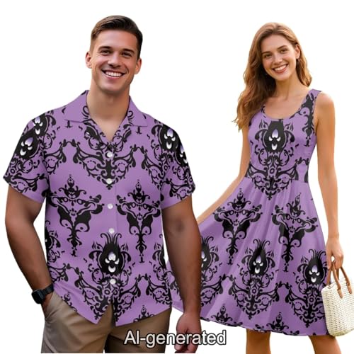 Image of Dreaweet Summer Dresses for Women A-Line Sleeveless Flowy Sun Dresses,Men's Casual Button-Down Shirts,Couple Matching Outfits