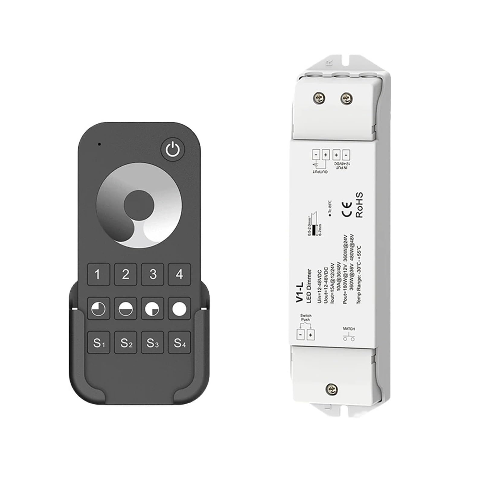 Hochleistungs-LED-Dimmer-Set, 360 W, einfarbiger LED-Controller, 15 A DC, 12 V, 24 V, Dimmer mit Druckknopfschalter, Dimmung, 4-Zonen-Fernbedienung(4xV1-L and RT6 KIT)