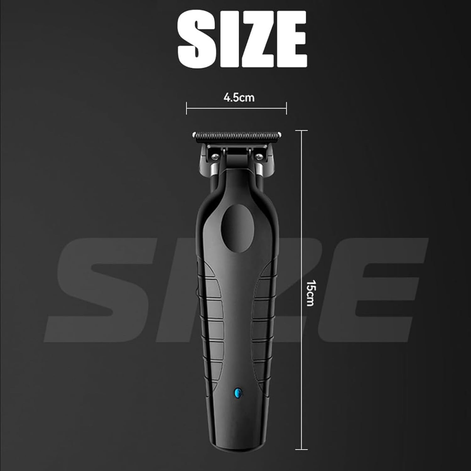 Image showing the dimensions of the Trimmer Plus Zero Gap Hair Clipper, indicating a length of 15cm and a width of 4.5cm at the blade.