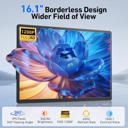 Image of 16'' Laptop Screen Extender, 360 Rotating Detachable Stand /VESA Support, FHD 1200P IPS Portable Monitor, Plug & Play with HDMI /USB-A /Type-C, Compatible Win /Mac /Android