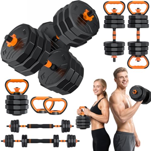 5-in-1 Adjustable Dumbbells, 66lbs Free Weights Set with Connector, Used as Kettlebells, Barbell, Push up Stand, Standard 1" Plates, Fitness Exercises for Home Gym Suitable Women/Men