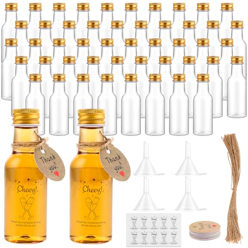 APACALI 50 mini botellas de licor de 50 ml, con tapas de rosca y 2 embudos, botellas de licor de plástico, para bodas y fiestas