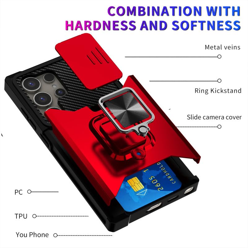 Image of LuxuryKase Shockproof Armor Case for Samsung Galaxy S24 Ultra | Slide Camera Cover | Hidden Card Slot | Rotating Ring Kickstand | Magnetic Car Mount Support | Military Grade Protection - Red