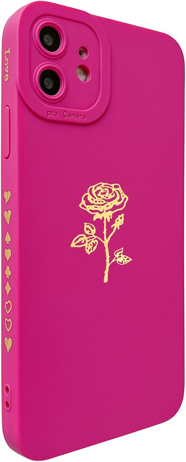 Qokey for iPhone 11 Case(2019 6.1"), Cute Plated Rose Gold Flower with Anti-Fall Lens Cameras Cover Shell, Soft TPU Shockproof Anti-Fingerprint Phone Protection Cases for Women Girls Men,Rose Red