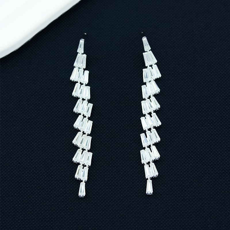 18K Gold Plated Silver Long Dangle Earrings with Baguette Cubic Zirconia – Elegant Sparkling Statement Earrings for Women - Image 3