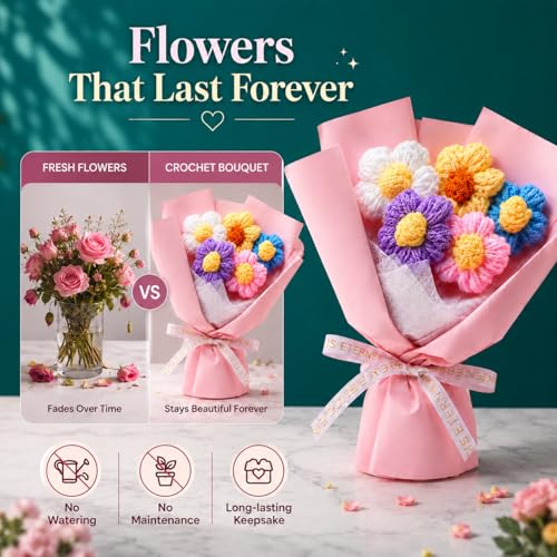 Image of PulGos π πππ¬ Mini Yarn Floral Bunch |Handmade Crochet Flower Bouquet for Home & Office Decor |Aesthetic Gift item for Girls & Women |Cute Woolen Knitted Multicolour Petals for Gifting & Decoration
