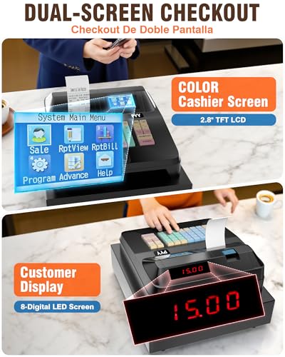 Image of PYY Cash Register for Small Businesses - Caja Registradora para Negocio with English /Spanish Language System, Dual Display, Thermal Printer & Lockable Cash Drawer, Multi-Device Connectivity, 48 Keys