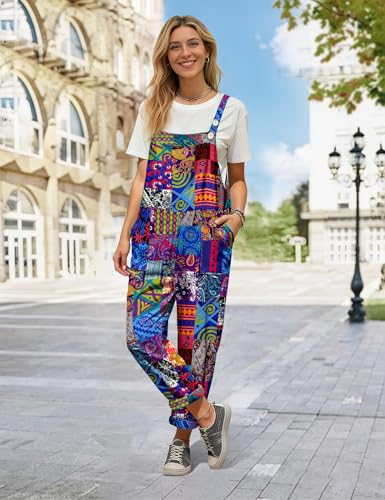 Image of YESNO Women's Overalls Cotton Boho Casual Floral Bib Jumpsuit Baggy Adjustable Strap Romper with Pockets PVV