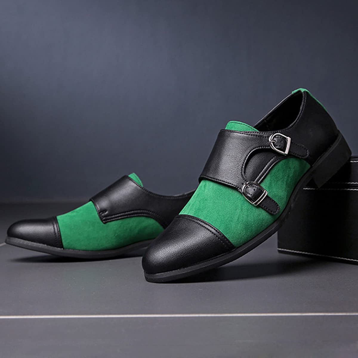 Zaylee Herren Mönchschuhe Abendschuhe Elegante Schnallenschuh Lederschuhe Runde Zehen Hochzeitsschuhe,EU41-Grün