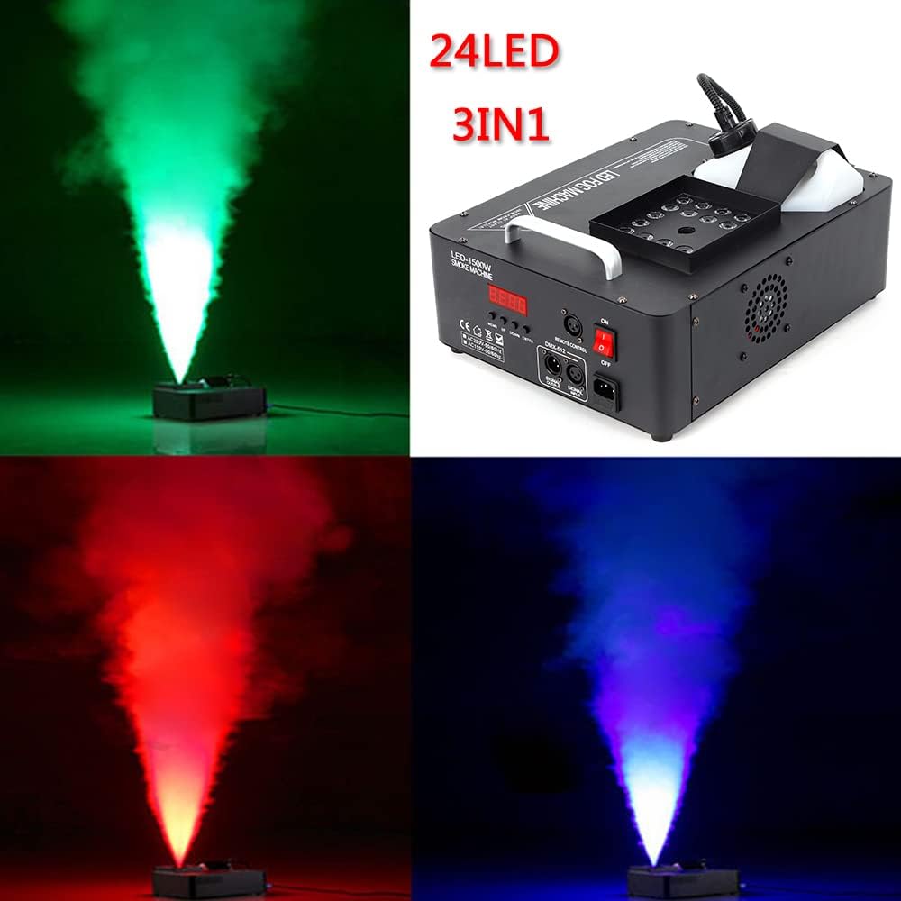 1500W Vertical Fog Machine with LED Lights, DMX512 Dry Ice Fog Smoke Machine Portable Wireless Stage Lighting Smoke Effect for DJ Party Halloween Celebrations, with 24LED ＆ Remote Control