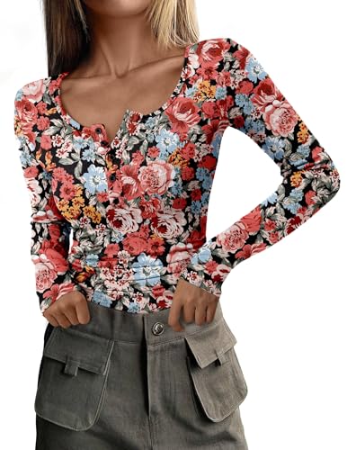 PRETTYGARDEN Women's 2025 Fall Long Sleeve Henley T Shirts Button Ribbed Knit Slim Fit Basic Tops Blouse Casual Outfits (Floral Black Multicolored,Small)