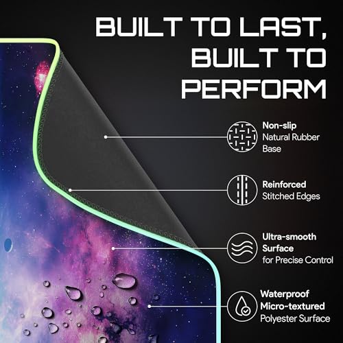 Image of Gerlos RGB Gaming Mouse Pad, Large LED Desk Mat, 31.5 x 11.8 Inch | 12 light modes, non-slip base, water-resistant surface, stitched edges