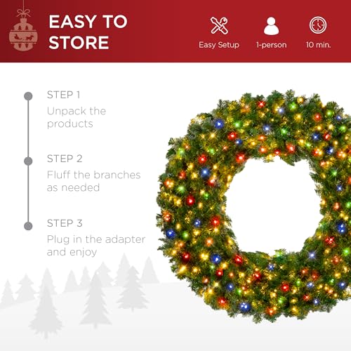 Image of Best Choice Products 24in Large Artificial Pre-Lit Fir Christmas Wreath Holiday Accent Decoration w / 50 Multicolor Lights, 100 PVC Tips