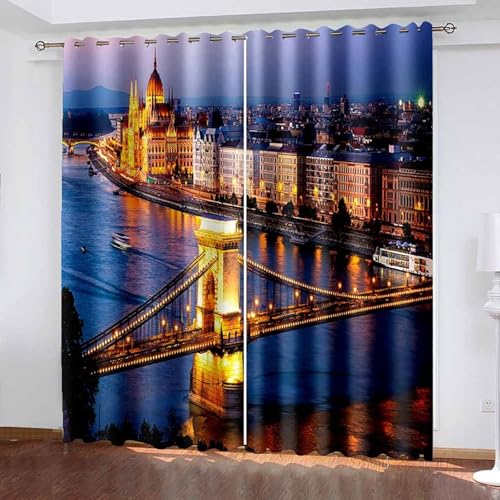 ANAZOZ Cortinas Habitacion con Ollaos,2 x 132W x 214H CM,2 Piezas Cortinas Opacas Blackout Paisaje de Nocturna de Ciudad Cortina de Habitación Azul Naranja Amarillo