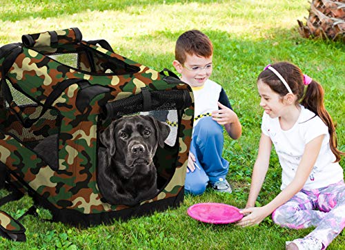 2PET Foldable Dog Crate - Soft, Easy to Fold & Carry Dog Crate for Indoor & Outdoor Use - Comfy Dog Home & Dog Travel Crate - Strong Steel Frame, Washable Fabric Cover (XLarge 32in, Disguise Camo)