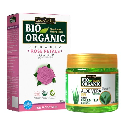 INDUS VALLEY 100% Organic and Pure Combo Rose Petal Powder Rosa indica - & Non-Toxic Aloe Vera Gel For Skin Care Hair (100g + 175ml)