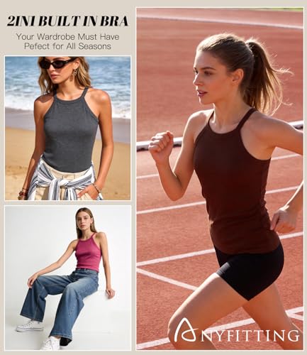Image of Womens Racerback Ribbed Tank Top Camisole with Built in Bra Sport Yoga Top