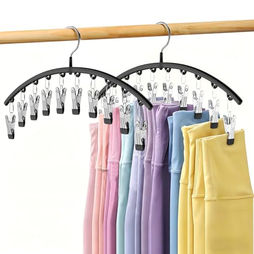 Volnamal Legging Organizer for Closet, 2 Pack Metal Yoga Pants Hangers w/10 Clips Holds 20 Leggings, Space Saving Hanging Closet Organizer w/Rubber Coated Closet Organizers and Storage, Black