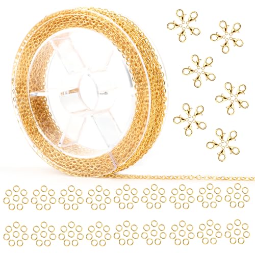 10M Cadena de Eslabones para Hacer Joyas 2 mm Cadena de Eslabones Cadena de Collar de 3x2mm Oro Cadena Por Metros Collares con Cierres de Langostas y Anillos de Salto para Fabricación de Joyería DIY
