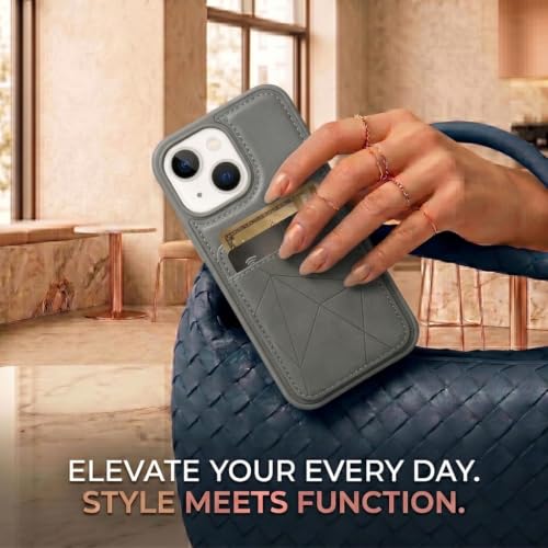 Image of amazon basics Premium Vegan Leather Back Cover with Card Holder and Integrated Mobile Stand for iPhone 14 - Slim Shockproof Wallet Case with Geometric Stitching [Gray]
