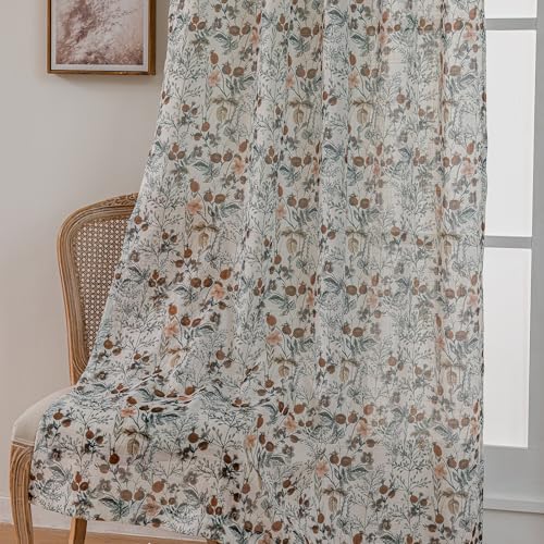Image of SUOUO Vintage Black Dark Floral Semi Sheer Curtains 84 Inches 2 Panels | Linen Textured,Light Filtering,Wild‑Berry Botanical,Rustic Farmhouse,Rod Pocket Drapes for Living Room Bedroom Dining Room