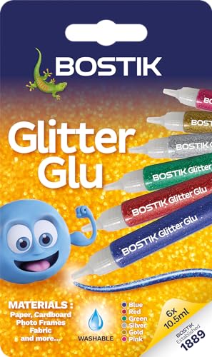 Bostik Glitter Glue Pens for Arts and Crafts, Easy to Use, Less Mess, Washable, Solvent Free, UKCA and CE Approved, 6 Coloured Glue Pens