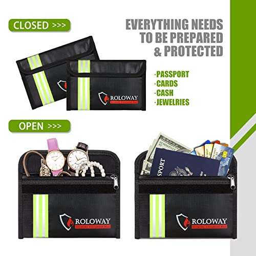 Image of ROLOWAY Small Fireproof Bag (5 x 8 inches) with Reflective Strip, Fireproof Money Bag for Cash, Valuables, Passport, Currency & Keys (2-Pack Black)