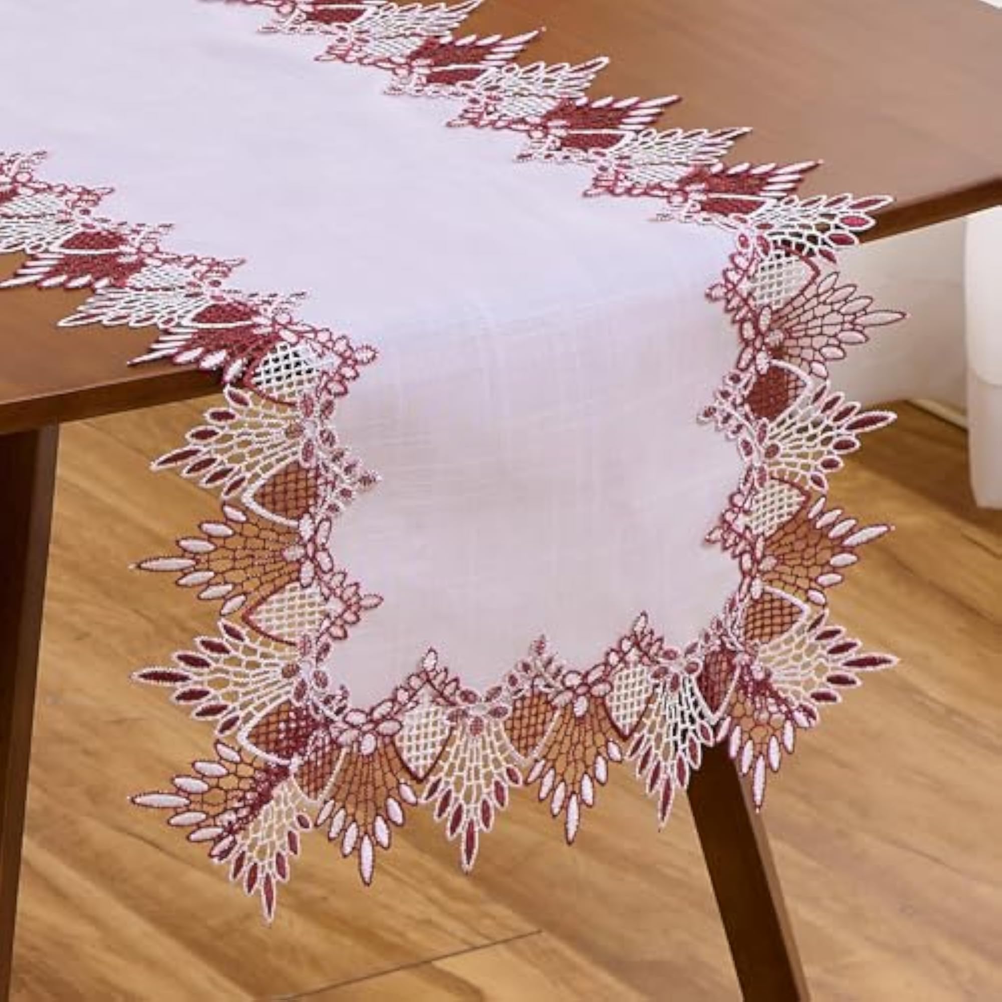 White Dark Red Linen Lace Table Runner
