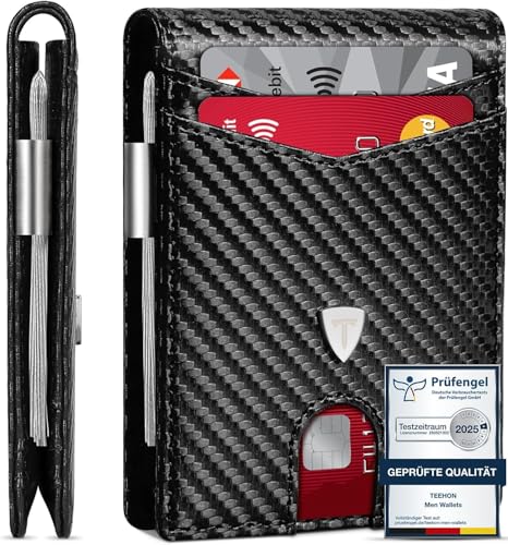TEEHON Geldbörse Herren Slim Wallet RFID Blocking Kohlefaserleder Portmonee Herren mit 11 Kartenetui, Ausweisfenster, Geldscheinklammer, Minimalistischer Geldbeutel mit Geschenkbox - Schwarz (Schwarz) TEEHON Geldbörse Herren Slim Wallet RFID Blocking Kohlefaserleder Portmonee Herren mit 11 Kartenetui, Ausweisfenster, Geldscheinklammer, Minimalistischer Geldbeutel mit Geschenkbox - Schwarz (Schwarz)