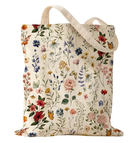 Miss Adola Sacola de lona estética – Bolsa de ombro reutilizável para mulheres, férias, compras, trabalho, academia, Arbusto florido, One Size
