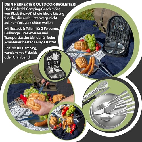 Black Snake Edelstahl Camping Geschirr Set - Teller, Besteck, Grillzange & Steakmesser - Mit Transporttasche - Langlebig - Perfekt für Outdoor & Picknick - 2 Personen - Set