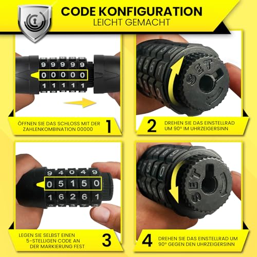 DUNLOP Candado para bicicleta de alta seguridad nivel 6 – Candado para bicicleta de 120 cm de longitud y 12 mm de diámetro del cable – Candado de combinación con 5 dígitos – Candado de cable de acero - imagen 7