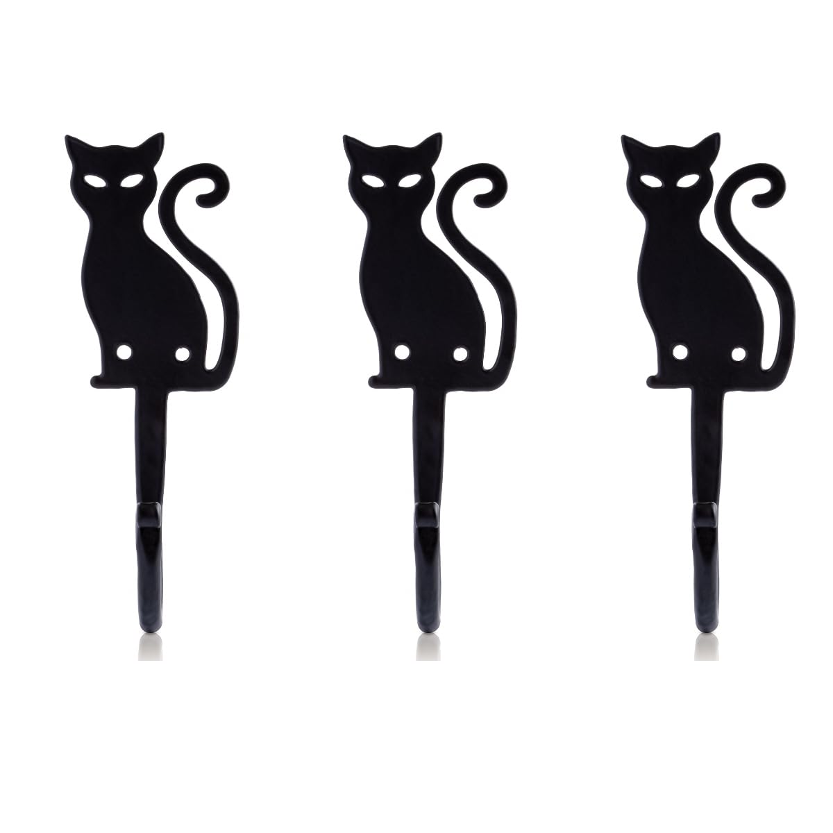 Fayesia Wrought Iron Wall Hooks - Blacksmith Handcrafted Set of 3 Black Wall-Mounted Hooks with Screws & Fittings - Animal Design Decorative Hooks for Towels, Bags, Hats & More (Cat)