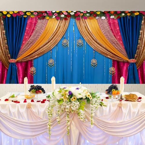 Image of 20x10ft India Style Backdrop Photography Curtain Flower Garland Photography Background India Hindu Wedding Traditional Banner Diwali Pooja Decorations for Bride Couple Portrait Props
