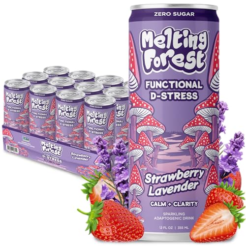 Melting Forest Functional Mushroom D-Stress - Adaptogen Drink w/L-Theanine Reishi Lions Mane & Magnesium - Relaxation Drinks for Stress Relief - 0 Sugar 5 Calories - Strawberry Lavender (12-Pack)